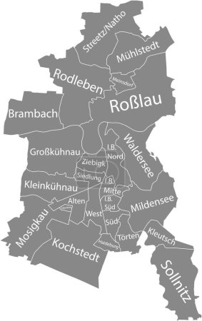 Illustration for Gray flat vector administrative map of DESSAU, GERMANY with name tags and white border lines of its boroughs - Royalty Free Image