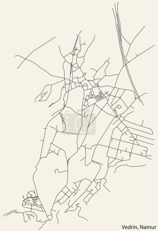 Téléchargez les illustrations : Carte routière urbaine détaillée dessinée à la main du DISTRICT VEDRIN de la ville belge de NAMUR, Belgique avec des lignes de route vives et une étiquette de nom sur fond solide - en licence libre de droit