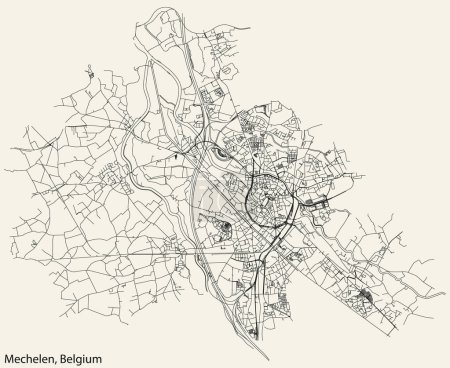 Ilustración de Mapa de carreteras urbanas de navegación dibujadas a mano detalladas de la ciudad belga de MECHELEN, BÉLGICA con líneas de carreteras sólidas y etiqueta con su nombre en el fondo vintage - Imagen libre de derechos