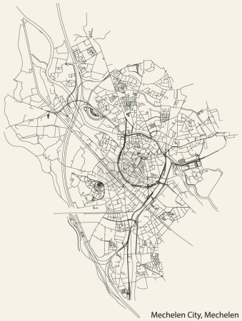 Ilustración de Mapa detallado de carreteras urbanas de navegación dibujado a mano de la MECHELEN SUBMUNICIPALITY de la ciudad belga de MECHELEN, Bélgica con líneas vivas de carreteras y etiqueta con su nombre sobre un fondo sólido - Imagen libre de derechos