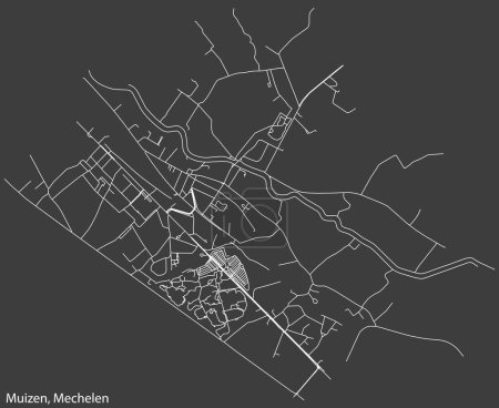 Ilustración de Mapa detallado de carreteras urbanas de navegación dibujado a mano de la MUIZEN SUBMUNICIPALITY de la ciudad belga de MECHELEN, Bélgica con líneas vivas de carreteras y etiqueta con su nombre sobre un fondo sólido - Imagen libre de derechos