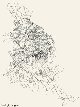 Illustration for Detailed hand-drawn navigational urban street roads map of the Belgian city of KORTRIJK, BELGIUM with solid road lines and name tag on vintage background - Royalty Free Image