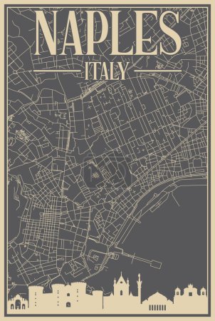 Téléchargez les illustrations : Affiche encadrée colorée dessinée à la main du centre-ville de NAPLES, ITALIE avec silhouette et lettrage vintage mis en valeur - en licence libre de droit