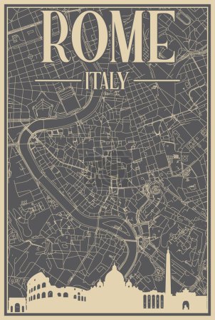 Téléchargez les illustrations : Affiche encadrée colorée dessinée à la main du centre-ville de ROME, ITALIE avec silhouette et lettrage vintage mis en évidence - en licence libre de droit