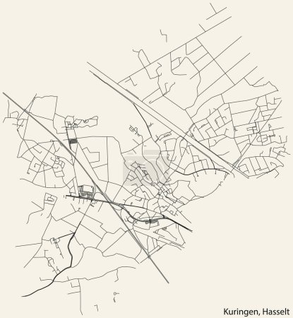 Ilustración de Mapa detallado de carreteras urbanas de navegación dibujado a mano de la MUNICIPALIDAD KURINGEN de la ciudad belga de HASSELT, Bélgica con líneas vivas de carreteras y etiqueta con su nombre sobre un fondo sólido - Imagen libre de derechos