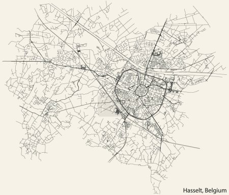 Ilustración de Mapa detallado de las carreteras urbanas de navegación dibujado a mano de la ciudad belga de HASSELT, BÉLGICA con líneas de carreteras sólidas y etiqueta con su nombre en el fondo vintage - Imagen libre de derechos