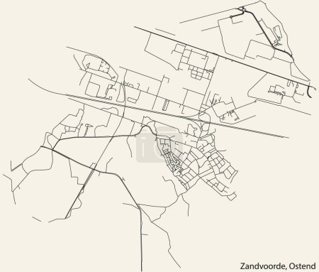 Ilustración de Mapa detallado de carreteras urbanas de navegación dibujado a mano de la MUNICIPALIDAD ZANDVOORDE de la ciudad belga de OSTEND, Bélgica con líneas vivas de carreteras y etiqueta con su nombre sobre un fondo sólido - Imagen libre de derechos