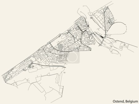 Ilustración de Mapa detallado de carreteras urbanas de navegación dibujado a mano de la MUNICIPALIDAD OSTENDA de la ciudad belga de OSTEND, Bélgica con líneas vivas de carreteras y etiqueta con su nombre sobre un fondo sólido - Imagen libre de derechos
