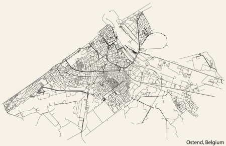 Ilustración de Mapa detallado de las carreteras urbanas de navegación dibujado a mano de la ciudad belga de OSTEND, BÉLGICA con líneas de carreteras sólidas y etiqueta con su nombre en el fondo vintage - Imagen libre de derechos