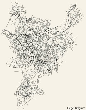 Ilustración de Mapa detallado de las carreteras urbanas de navegación dibujado a mano de la ciudad belga de LIGE, BÉLGICA con líneas de carreteras sólidas y etiqueta con su nombre en el fondo vintage - Imagen libre de derechos