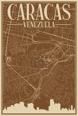 Téléchargez les illustrations : Affiche encadrée colorée dessinée à la main du centre-ville de CARACAS, VENEZUELA avec une silhouette et un lettrage vintage mis en valeur - en licence libre de droit