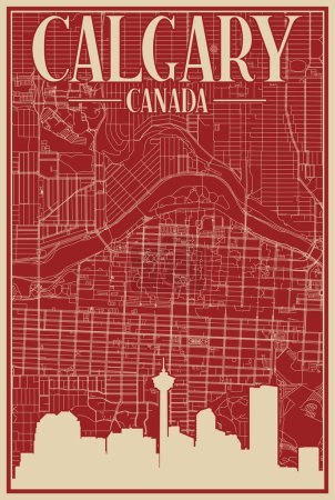 Téléchargez les illustrations : Affiche encadrée colorée dessinée à la main du centre-ville de CALGARY, CANADA avec silhouette et lettrage vintage mis en valeur - en licence libre de droit