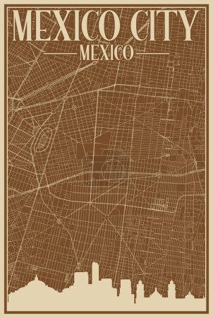 Téléchargez les illustrations : Affiche encadrée colorée dessinée à la main du centre-ville du MEXIQUE, du MEXIQUE avec une silhouette et un lettrage vintage mis en valeur - en licence libre de droit
