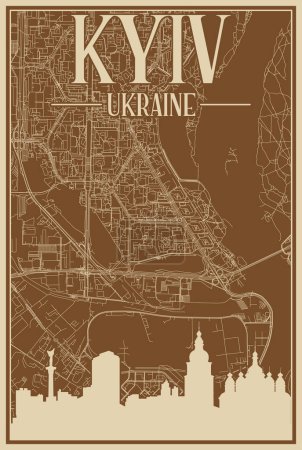 Téléchargez les illustrations : Affiche encadrée colorée dessinée à la main du centre-ville de KYIV, UKRAINE avec une silhouette et un lettrage vintage mis en évidence - en licence libre de droit