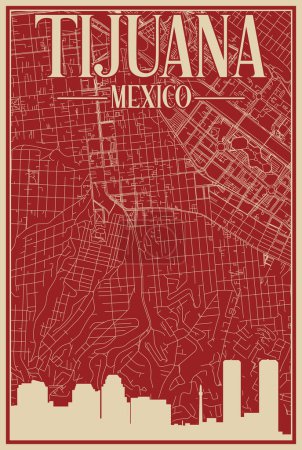 Téléchargez les illustrations : Affiche encadrée colorée dessinée à la main du centre-ville de TIJUANA, au MEXIQUE avec une silhouette et un lettrage vintage mis en valeur - en licence libre de droit