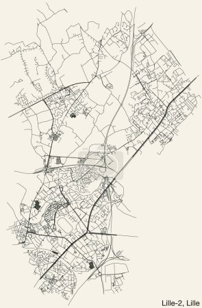 Illustration for Detailed hand-drawn navigational urban street roads map of the LILLE-2 CANTON of the French city of LILLE, France with vivid road lines and name tag on solid background - Royalty Free Image