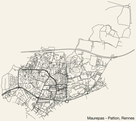 Illustration for Detailed hand-drawn navigational urban street roads map of the MAUREPAS - PATTON QUARTER of the French city of RENNES, France with vivid road lines and name tag on solid background - Royalty Free Image