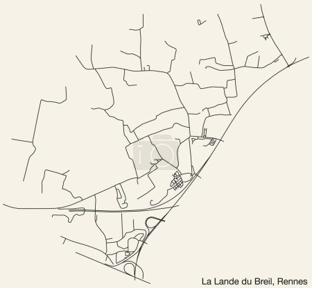 Téléchargez les illustrations : Carte détaillée des routes urbaines de navigation dessinée à la main de LA LANDE DU BREIL SUB-QUARTER de la ville française de RENNES, France avec des lignes de route vives et une étiquette de nom sur fond solide - en licence libre de droit