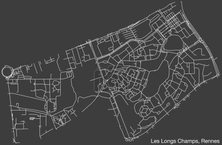 Illustration for Detailed hand-drawn navigational urban street roads map of the LES LONGS-CHAMPS SUB-QUARTER of the French city of RENNES, France with vivid road lines and name tag on solid background - Royalty Free Image