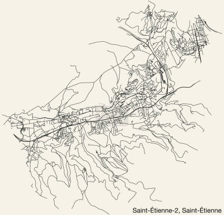 Illustration for Detailed hand-drawn navigational urban street roads map of the SAINT-TIENNE-2 CANTON of the French city of SAINT-TIENNE, France with vivid road lines and name tag on solid background - Royalty Free Image