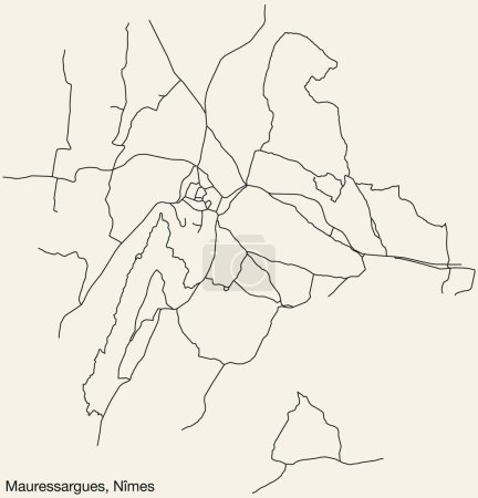 Illustration for Detailed hand-drawn navigational urban street roads map of the MAURESSARGUES COMMUNE of the French city of NMES, France with vivid road lines and name tag on solid background - Royalty Free Image