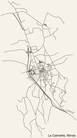 Illustration for Detailed hand-drawn navigational urban street roads map of the LA CALMETTE COMMUNE of the French city of NMES, France with vivid road lines and name tag on solid background - Royalty Free Image
