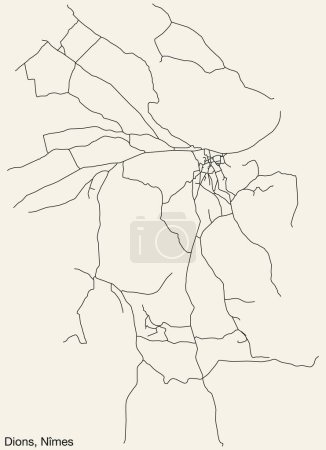 Illustration for Detailed hand-drawn navigational urban street roads map of the DIONS COMMUNE of the French city of NMES, France with vivid road lines and name tag on solid background - Royalty Free Image