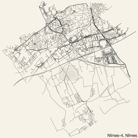 Illustration for Detailed hand-drawn navigational urban street roads map of the NMES-4 CANTON of the French city of NMES, France with vivid road lines and name tag on solid background - Royalty Free Image