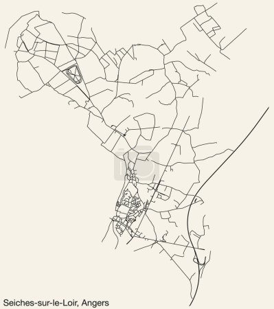 Ilustración de Mapa detallado de carreteras urbanas de navegación dibujadas a mano de la COMUNIDAD SEICHES-SUR-LE-LOIR de la ciudad francesa de ANGERS, Francia con líneas vivas de carreteras y etiqueta con su nombre sobre un fondo sólido - Imagen libre de derechos