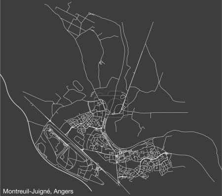 Illustration for Detailed hand-drawn navigational urban street roads map of the MONTREUIL-JUIGN COMMUNE of the French city of ANGERS, France with vivid road lines and name tag on solid background - Royalty Free Image