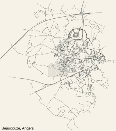 Ilustración de Mapa detallado de carreteras urbanas de navegación dibujadas a mano de BEAUCOUZ COMMUNE de la ciudad francesa de ANGERS, Francia con líneas vivas de carreteras y etiqueta con su nombre sobre un fondo sólido - Imagen libre de derechos