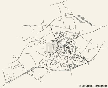Illustration for Detailed hand-drawn navigational urban street roads map of the TOULOUGES COMMUNE of the French city of PERPIGNAN, France with vivid road lines and name tag on solid background - Royalty Free Image