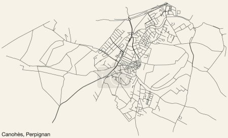Illustration for Detailed hand-drawn navigational urban street roads map of the CANOHS COMMUNE of the French city of PERPIGNAN, France with vivid road lines and name tag on solid background - Royalty Free Image
