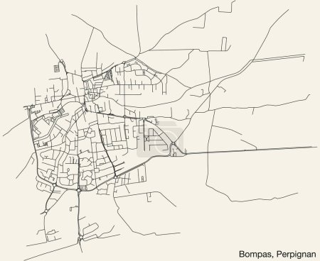 Illustration for Detailed hand-drawn navigational urban street roads map of the BOMPAS COMMUNE of the French city of PERPIGNAN, France with vivid road lines and name tag on solid background - Royalty Free Image