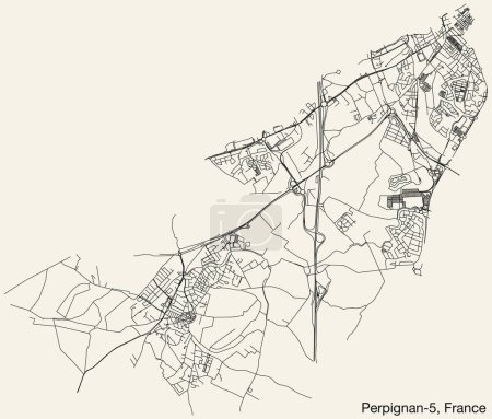 Illustration for Detailed hand-drawn navigational urban street roads map of the PERPIGNAN-5 CANTON of the French city of PERPIGNAN, France with vivid road lines and name tag on solid background - Royalty Free Image