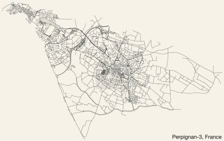 Illustration for Detailed hand-drawn navigational urban street roads map of the PERPIGNAN-3 CANTON of the French city of PERPIGNAN, France with vivid road lines and name tag on solid background - Royalty Free Image