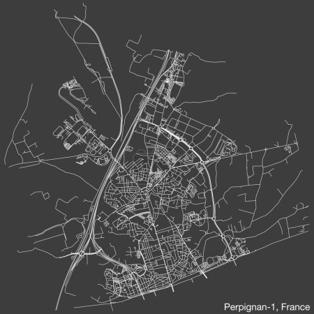 Illustration for Detailed hand-drawn navigational urban street roads map of the PERPIGNAN-1 CANTON of the French city of PERPIGNAN, France with vivid road lines and name tag on solid background - Royalty Free Image