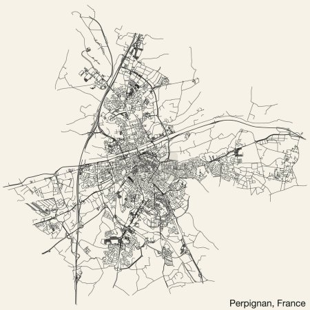 Illustration for Detailed hand-drawn navigational urban street roads map of the French city of PERPIGNAN, FRANCE with solid road lines and name tag on vintage background - Royalty Free Image