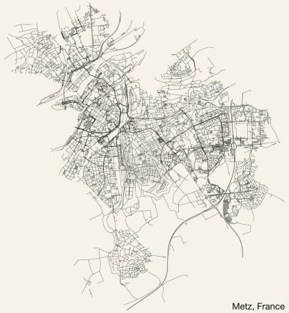 Illustration for Detailed hand-drawn navigational urban street roads map of the French city of METZ, FRANCE with solid road lines and name tag on vintage background - Royalty Free Image