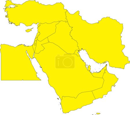 Illustration for YELLOW CMYK color detailed flat stencil map of the region of MIDDLE EAST (with country borders) on transparent background - Royalty Free Image
