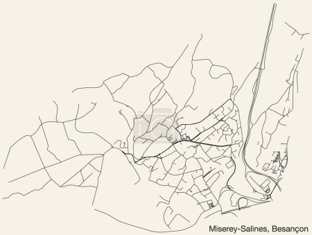 Illustration for Detailed hand-drawn navigational urban street roads map of the MISEREY-SALINES COMMUNE of the French city of BESANCON, France with vivid road lines and name tag on solid background - Royalty Free Image
