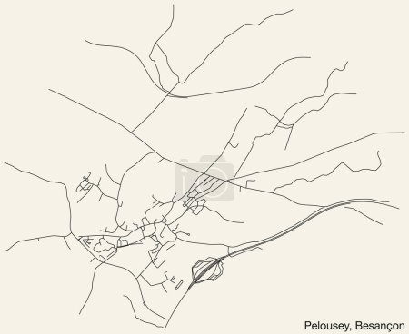 Illustration for Detailed hand-drawn navigational urban street roads map of the PELOUSEY COMMUNE of the French city of BESANCON, France with vivid road lines and name tag on solid background - Royalty Free Image