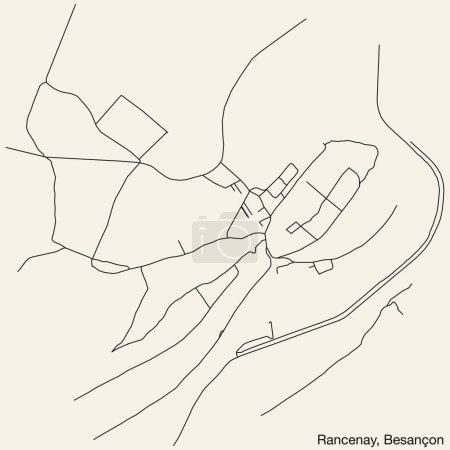 Illustration for Detailed hand-drawn navigational urban street roads map of the RANCENAY COMMUNE of the French city of BESANCON, France with vivid road lines and name tag on solid background - Royalty Free Image