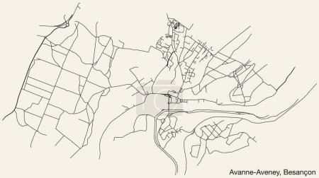Illustration for Detailed hand-drawn navigational urban street roads map of the AVANNE-AVENEY COMMUNE of the French city of BESANCON, France with vivid road lines and name tag on solid background - Royalty Free Image