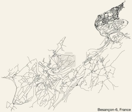 Illustration for Detailed hand-drawn navigational urban street roads map of the BESANCON-6 CANTON of the French city of BESANCON, France with vivid road lines and name tag on solid background - Royalty Free Image