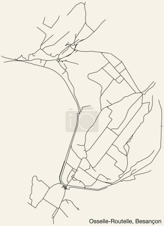 Illustration for Detailed hand-drawn navigational urban street roads map of the OSSELLE-ROUTELLE COMMUNE of the French city of BESANCON, France with vivid road lines and name tag on solid background - Royalty Free Image