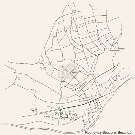 Illustration for Detailed hand-drawn navigational urban street roads map of the ROCHE-LEZ-BEAUPR COMMUNE of the French city of BESANCON, France with vivid road lines and name tag on solid background - Royalty Free Image