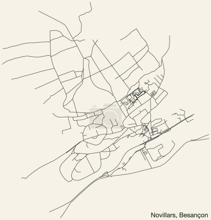 Illustration for Detailed hand-drawn navigational urban street roads map of the NOVILLARS COMMUNE of the French city of BESANCON, France with vivid road lines and name tag on solid background - Royalty Free Image