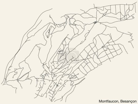 Illustration for Detailed hand-drawn navigational urban street roads map of the MONTFAUCON COMMUNE of the French city of BESANCON, France with vivid road lines and name tag on solid background - Royalty Free Image