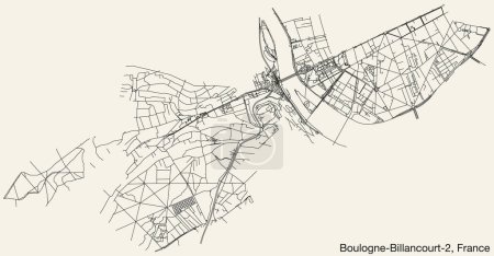 Téléchargez les illustrations : Carte détaillée des routes urbaines de navigation dessinée à la main de la BOULOGNE-BILLANCOURT-2 CANTON de la ville française de BOULOGNE-BILLANCOURT, France avec des lignes de route vives et une étiquette de nom sur fond solide - en licence libre de droit